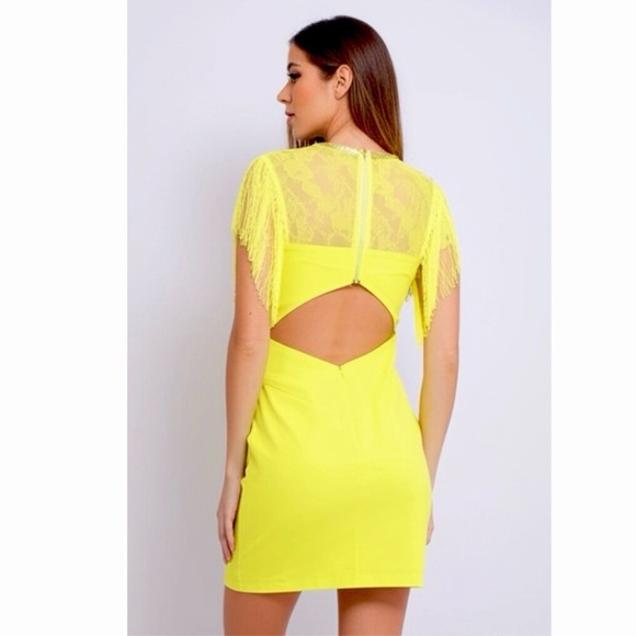 MARKED DOWN The Clothing Co Mini Cocktail Dress Glam Yellow Embellished Fringe - Picture 2 of 9